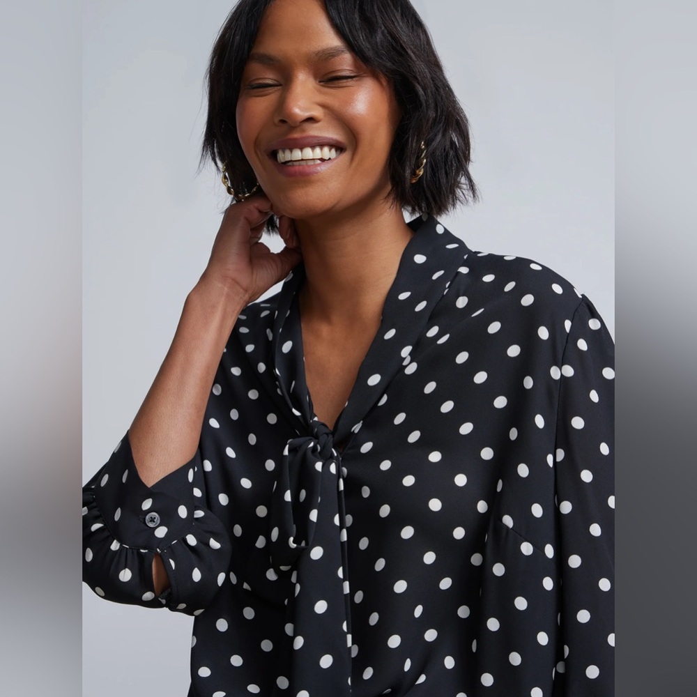 New York & Co. - Polka-Dot Bow-Front Cuffed-Sleeve Blouse